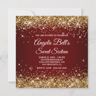 Sparkly Gold Glitter Dark Red Sweet Sixteen Invitation