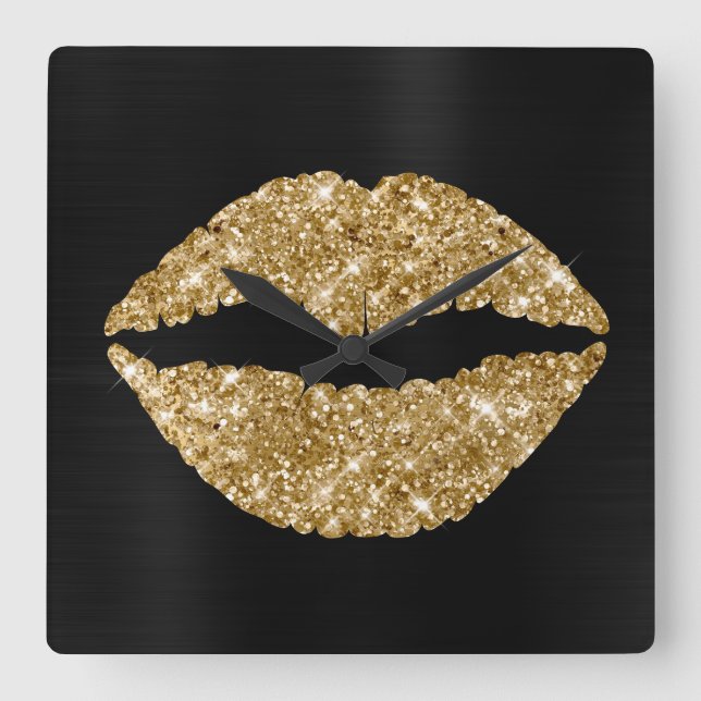 Sparkly Gold Glitter Lipstick Black Foil Square Wall Clock (Front)