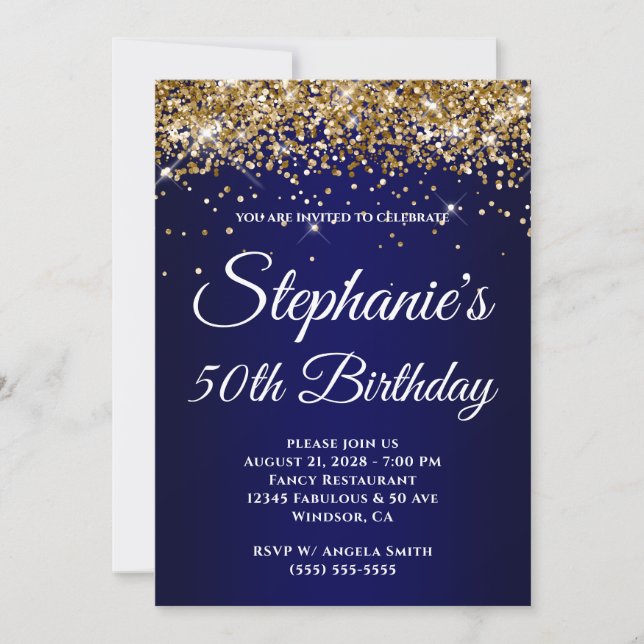 Sparkly Gold Glitter Navy Gradient 50th Birthday Invitation (Front)