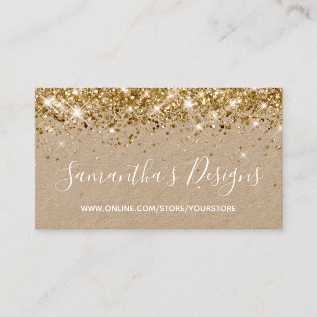 Sparkly Gold Glitter Online Store Kraft Business Card (Front)