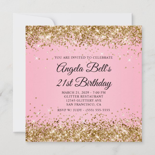 Sparkly Gold Glitter Pink 21st Birthday Invitation (Front)