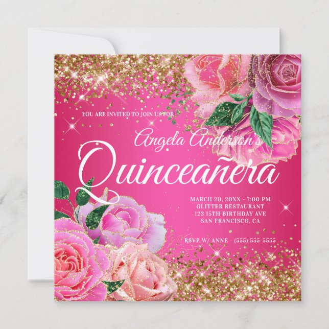 Sparkly Gold Glitter Pink Rose Glam Quinceañera Invitation (Front)