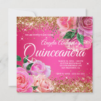 Sparkly Gold Glitter Pink Rose Glam Quinceañera Invitation