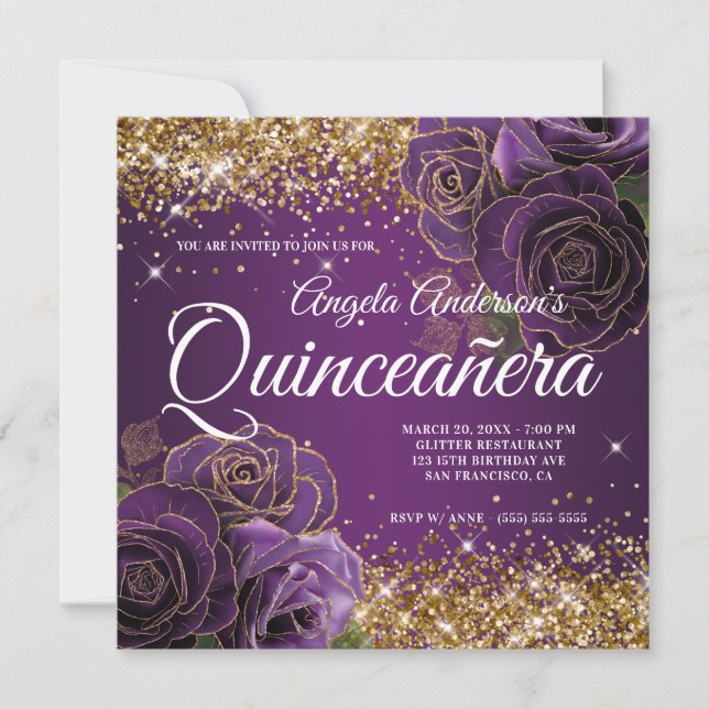 Sparkly Gold Glitter Purple Rose Quinceañera Invitation (Front)