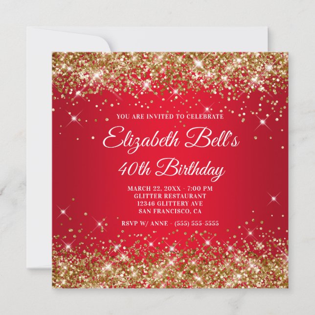 Sparkly Gold Glitter Red Ombre 40th Birthday Invitation (Front)