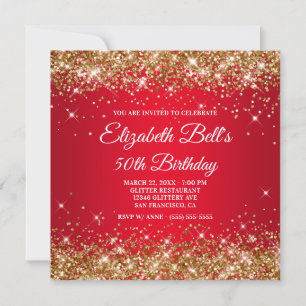 Sparkly Gold Glitter Red Ombre 50th Birthday Invitation