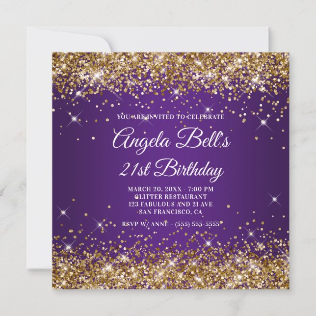 Sparkly Gold Glitter Royal Purple 21st Birthday Invitation (Front)