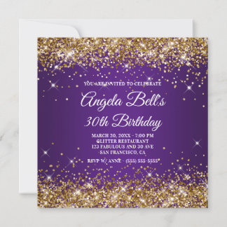 Sparkly Gold Glitter Royal Purple 30th Birthday Invitation