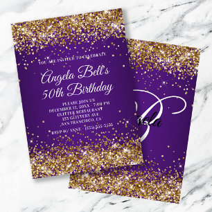 Sparkly Gold Glitter Royal Purple 50th Birthday Invitation