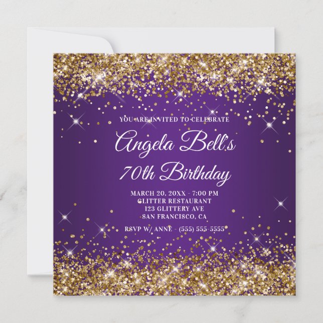 Sparkly Gold Glitter Royal Purple 70th Birthday Invitation (Front)