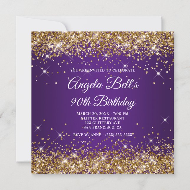Sparkly Gold Glitter Royal Purple 90th Birthday Invitation (Front)