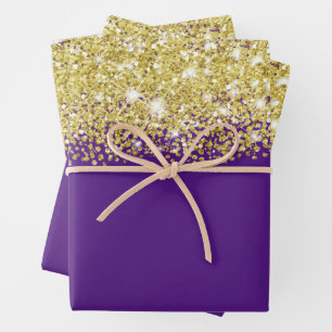 Sparkly Gold Glitter Royal Purple Faux  Wrapping Paper Sheet