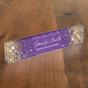 Sparkly Gold Glitter Royal Purple Gradient Nameplate