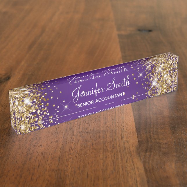 Sparkly Gold Glitter Royal Purple Gradient Nameplate (Side)