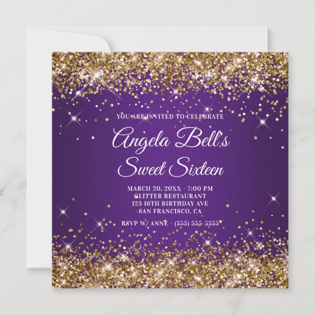 Sparkly Gold Glitter Royal Purple Sweet Sixteen Invitation (Front)