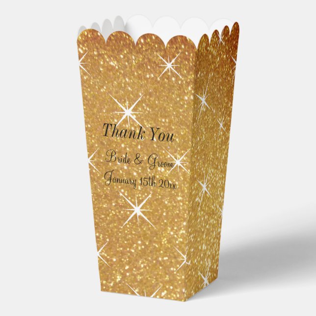 Sparkly gold glitter wedding party popcorn favour box (Front)