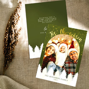 Sparkly Gold Green Tis' The Season Christmas Trees Holiday Card