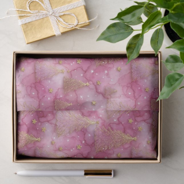 Sparkly Gold Holiday Tree on Pink Tissue Paper (Gift)