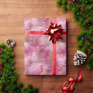 Sparkly Gold Holiday Tree on Pink Wrapping Paper