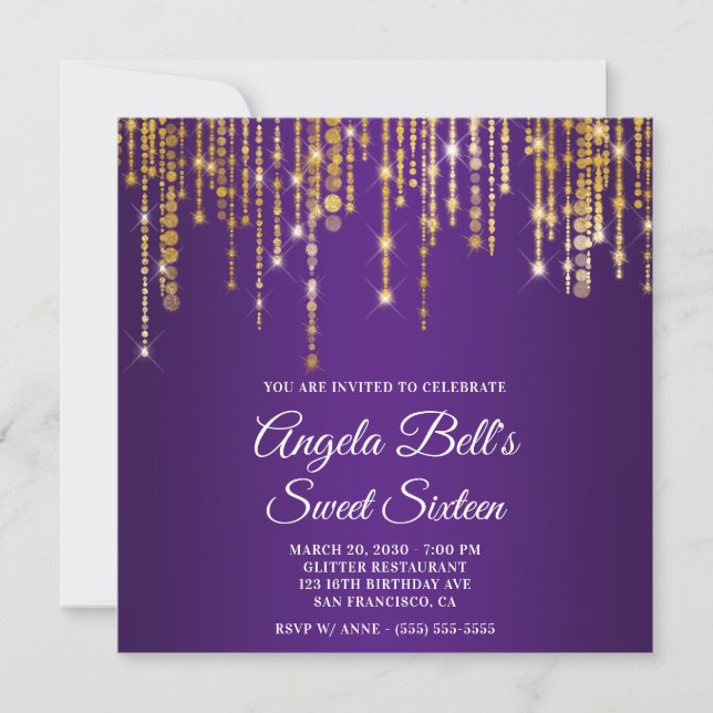 Sparkly Gold Lights Royal Purple Sweet Sixteen Invitation (Front)
