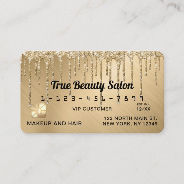 Sparkly Gold Metallic Glitter Drips Credit Business Card (Front)