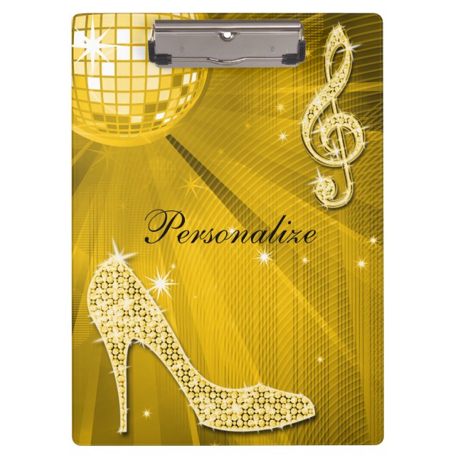 Sparkly Gold Music Note & Stiletto Heel Clipboard (Front)