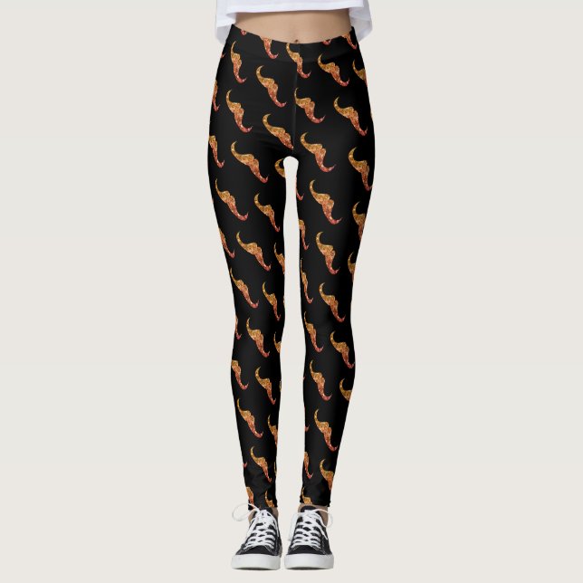 Sparkly gold orange ombre Mustache pattern black Leggings (Front)