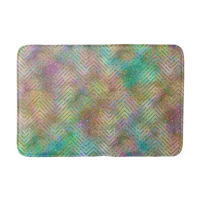 Sparkly Gold Rainbow Lights Chevron Pattern Print Bath Mat (Front)