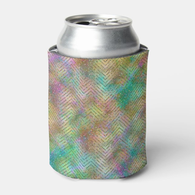 Sparkly Gold Rainbow Lights Chevron Pattern Print Can Cooler (Can Front)