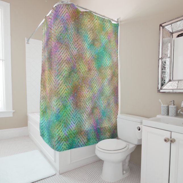 Sparkly Gold Rainbow Lights Chevron Pattern Print Shower Curtain (In Situ)