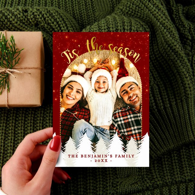 Sparkly Gold Red Tis' The Season Christmas Trees Holiday Card (Creator Uploaded)