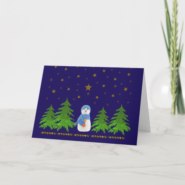 Sparkly gold stars, snowman and green tree holiday card (Front)
