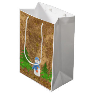 Sparkly gold stars, snowman and green tree medium gift bag