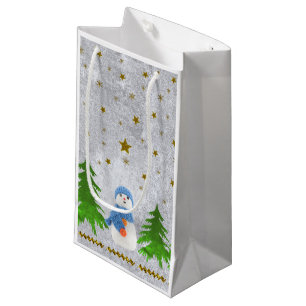 Sparkly gold stars, snowman and green tree small gift bag