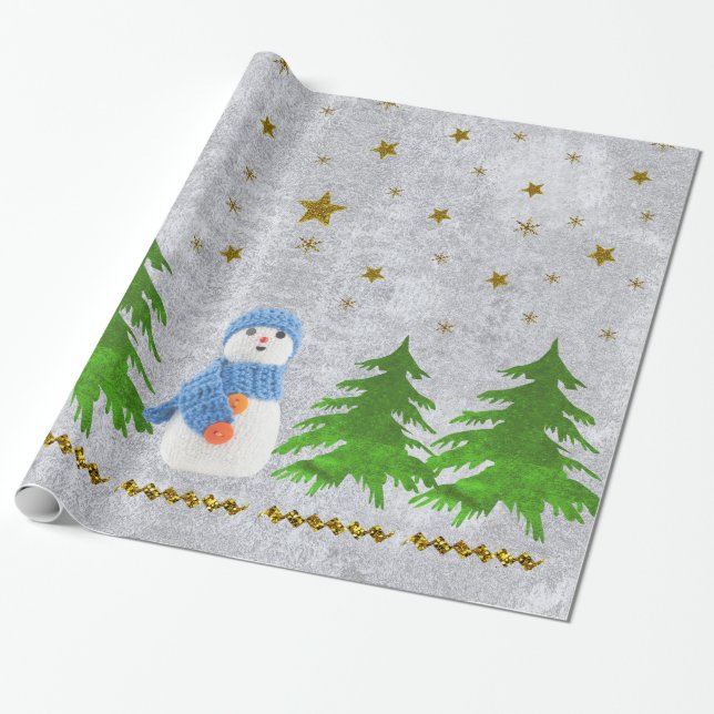 Sparkly gold stars, snowman and green tree wrapping paper (Unrolled)