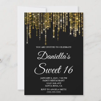 Sparkly Gold String Lights Black Sweet 16 Invitation
