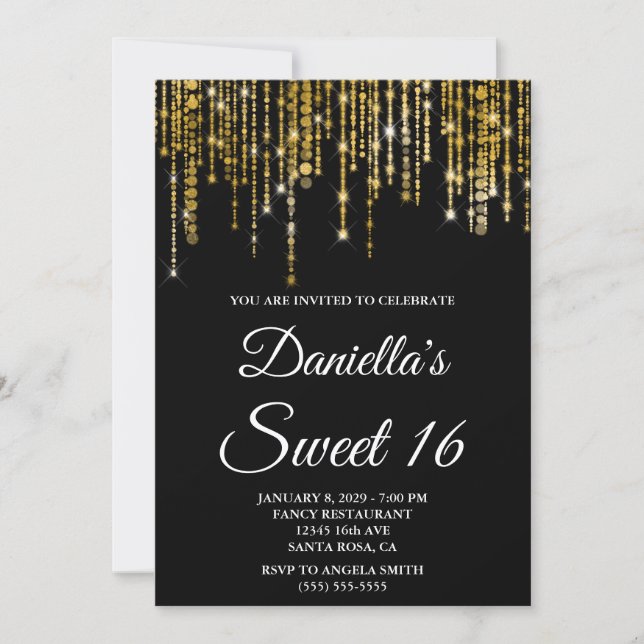 Sparkly Gold String Lights Black Sweet 16 Invitation (Front)