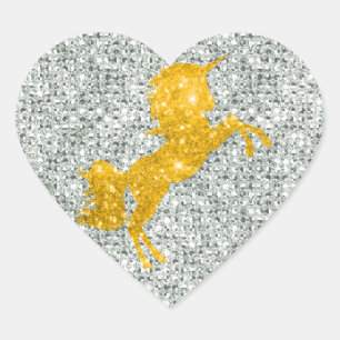 Sparkly Gold Unicorn on Silver Glitter Heart Sticker