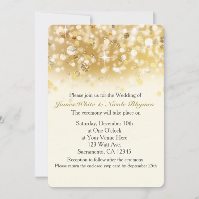 Sparkly Golden Holiday Wedding Invitation Card (Front)