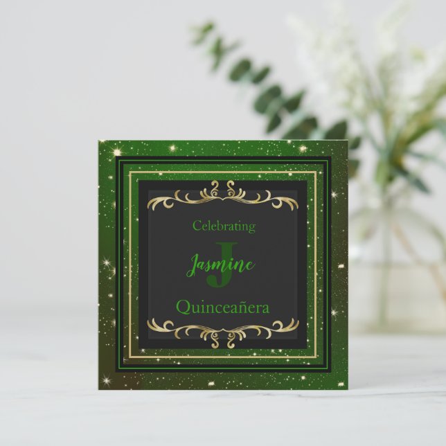 Sparkly Green and Gold Birthday Invitation (Standing Front)