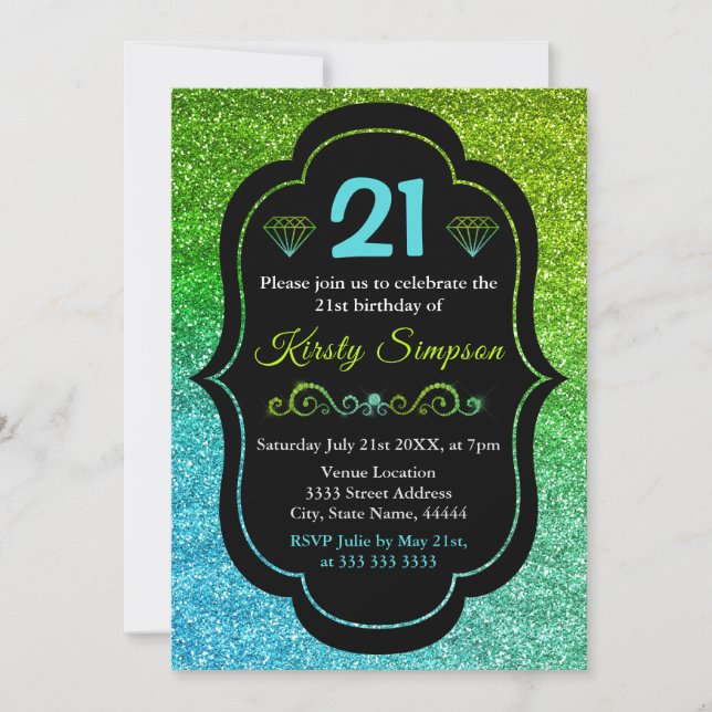 Sparkly Green & Blue Gradient Glitter Birthday Invitation (Front)