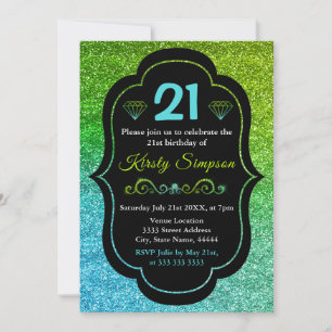 Sparkly Green & Blue Gradient Glitter Birthday Invitation