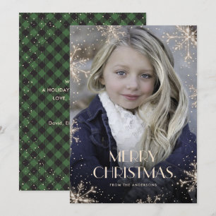 Sparkly Green Buffalo Plaid Photo Christmas Cards