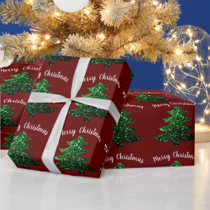 Sparkly green Christmas tree dark red Wrapping Paper