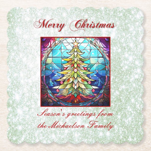 Sparkly Green Glitter Stained Glass Christmas Tree Paper Coaster (Front)