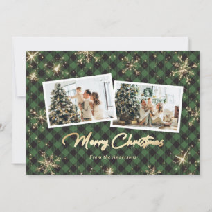 Sparkly Green Gold Snowflakes Photo Christmas Holiday Card