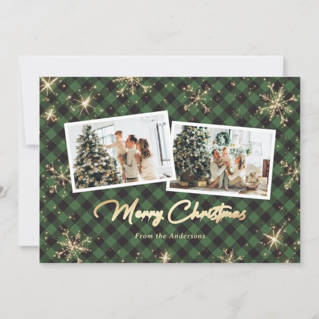 Sparkly Green Gold Snowflakes Photo Christmas Holiday Card (Front)