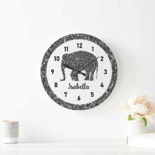 Sparkly grey Elephant Custom name Large Clock