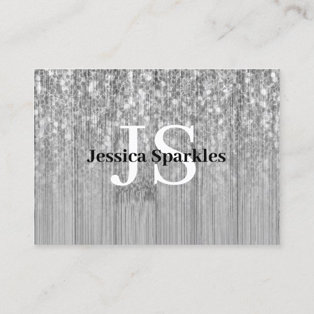 Sparkly grey silver bamboo wood bling Monogram Business Card (Back)