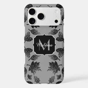 Sparkly grey silver leaves autumn pattern Monogram